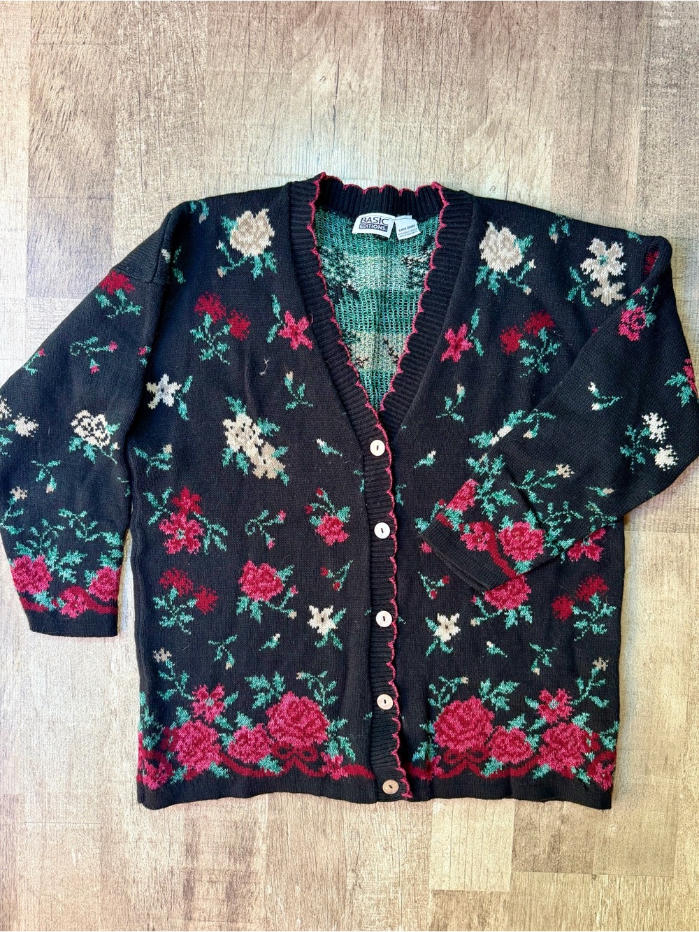 Vintage Basic Editions Floral Cardigan Sweater Black Pink Knit Cottagecore Large